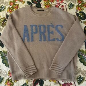 Tahari 100% Cashmere Taupe Colored Sweater with Blue 'APRÈS' Design